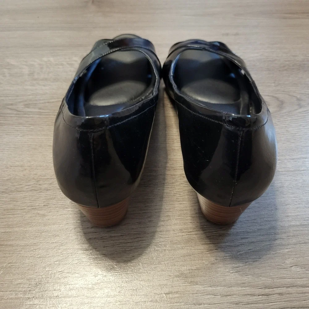 Cole Haan Grand.OS Womens Black Patent Leather Peep Toe Wedge Sandals Shoes 8.5